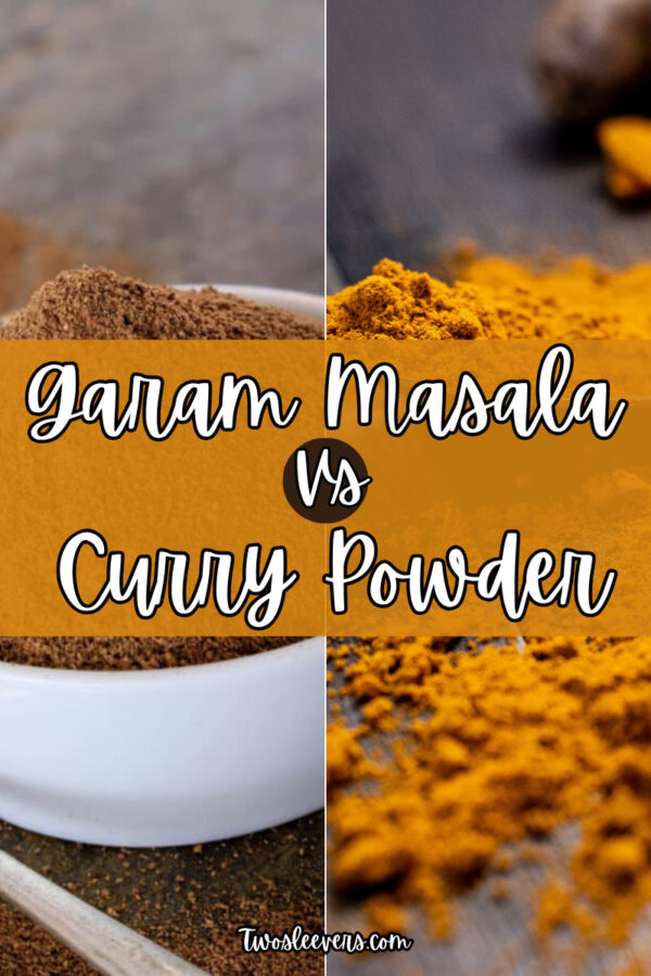 Two part grid of Garam masala and curry powder side by side with text overlay reading "Garam masala vs curry powder"