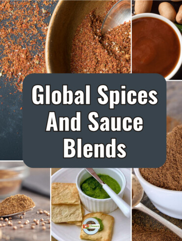 Multi part image grid with Global Spices and Sauce Blends. Text overlay with blue background.