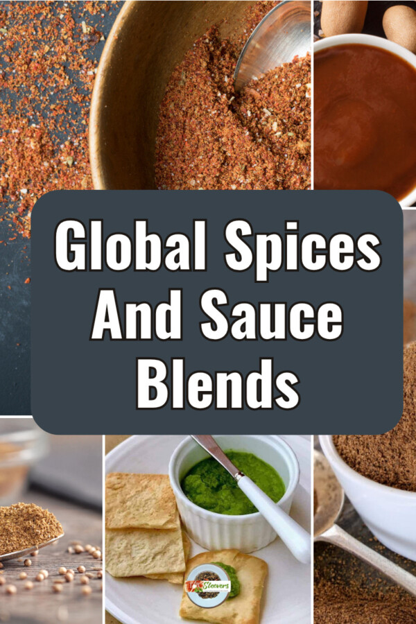 Multi part image grid with Global Spices and Sauce Blends. Text overlay with blue background.
