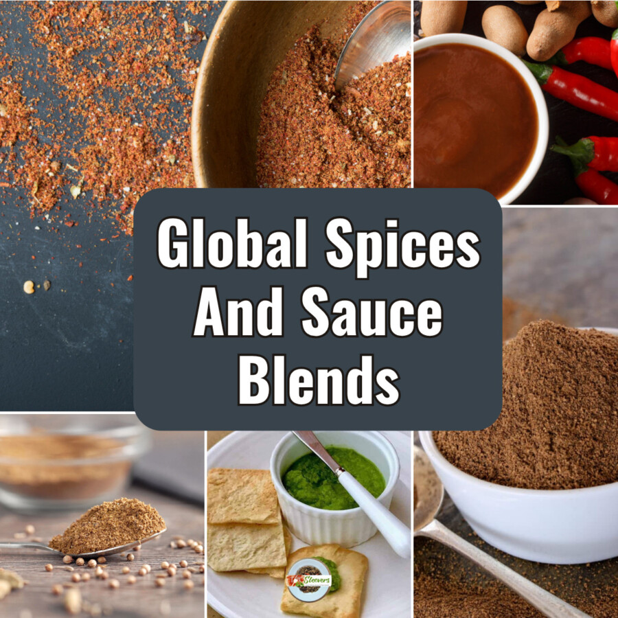Multi part image grid with Global Spices and Sauce Blends. Text overlay with blue background.