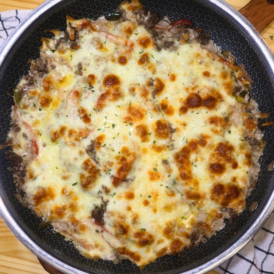 Baked ground beef cheesesteak casserole
