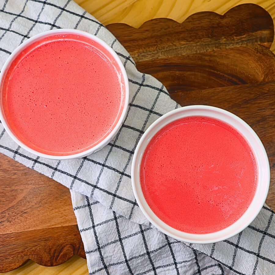 High Protein Jello Mousse poured into white ramekins