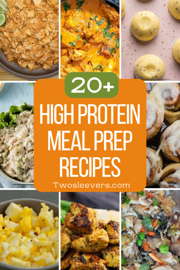 9 part image of grid with text overlay reading "High Protein Meal Prep Recipes"