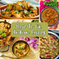 Multi part grid of a variety of curries with text overlay reading "How To Fix Indian Curry"