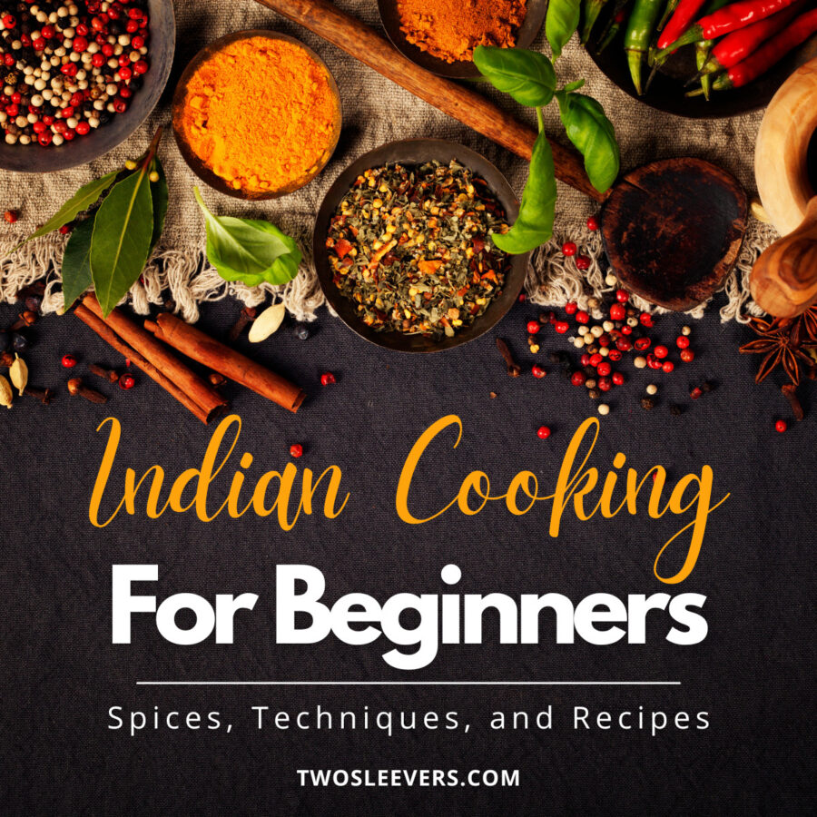 Indian Cooking For Beginners Graphic with assorted spices