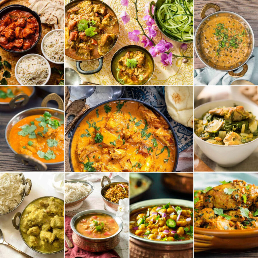 10 part grid of a variety of Indian curries