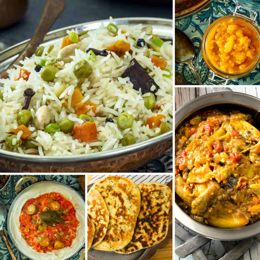 A 5 part grid showing the best side dishes to serve with Indian Curry