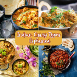 Asian cuisine Four Part Grid of Curries with text overlay reading "Indian Curry Types Explained"