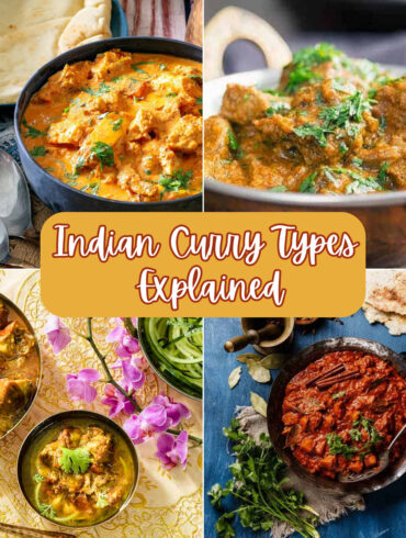 Four Part Grid of Curries with text overlay reading "Indian Curry Types Explained"