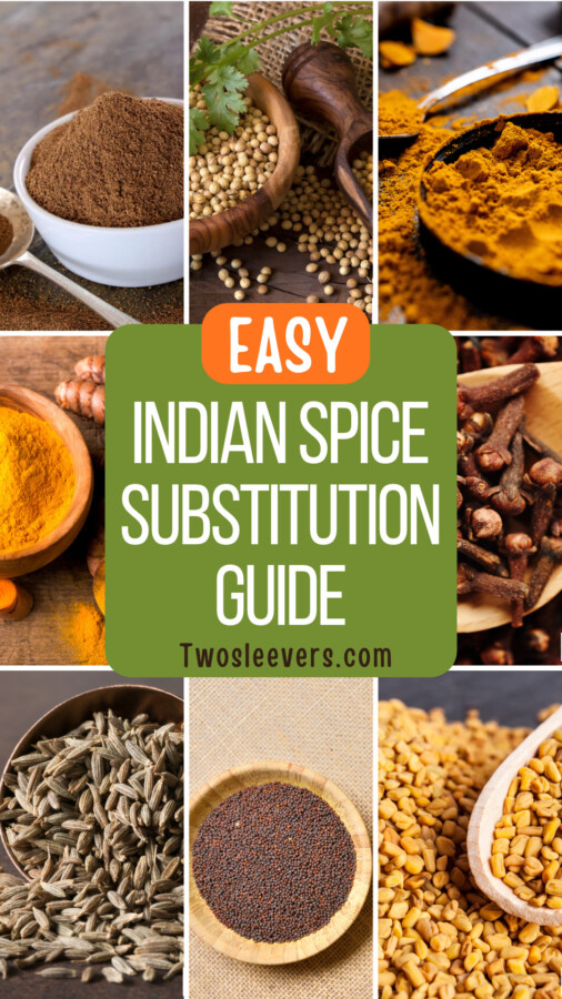 9 part grid of Indian Spices with text overlay reading "Indian Spice Substitution Guide