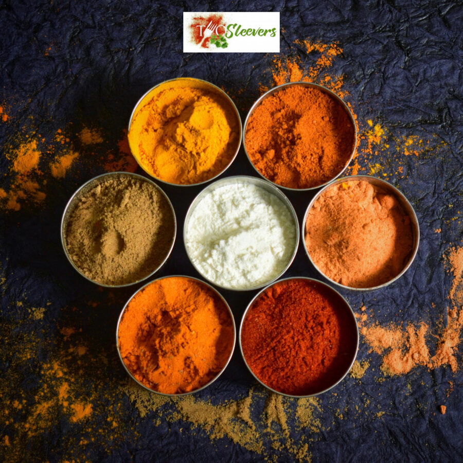 Indian Spices in small pinch bowls with Twosleevers graphic