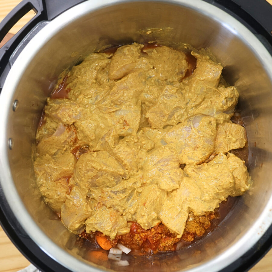 Ingredients needed to make Instant Pot Chicken Tikka Masala layered in an Instant Pot liner