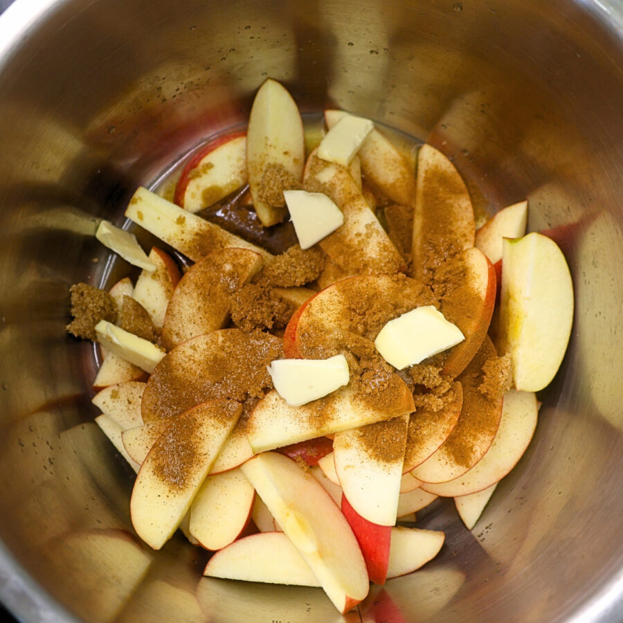 Sliced apples with juice and spices in an Instant Pot liner