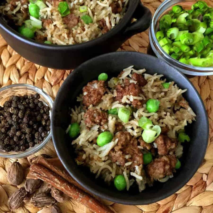 Overhead image of Two bowls of Keema Biryani