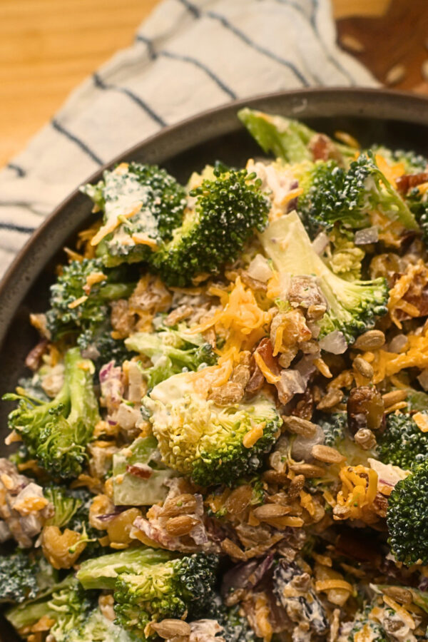 Close up image of Keto Broccoli salad in a bowl