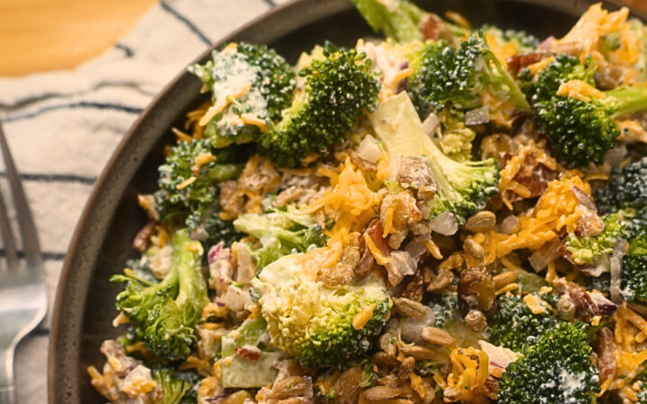 Close up image of Keto Broccoli salad in a bowl