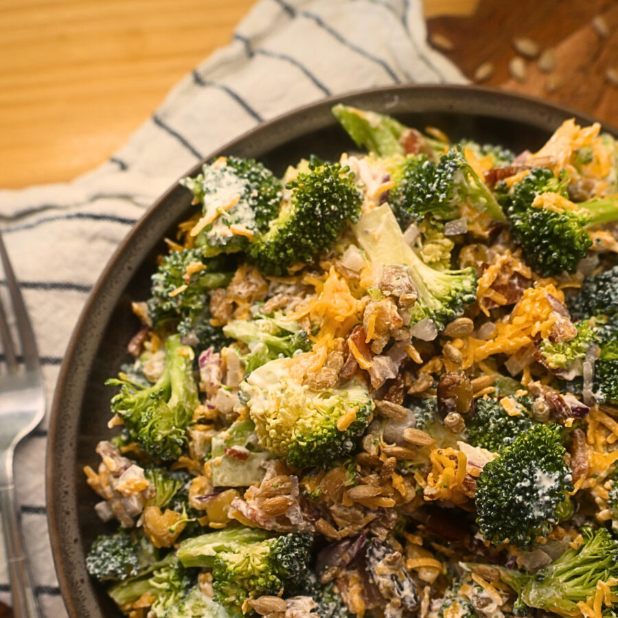Close up image of Keto Broccoli salad in a bowl