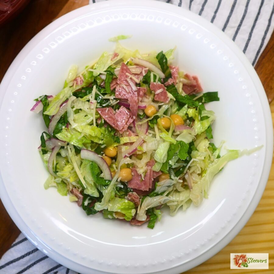 la scala salad in a white serving bowl 