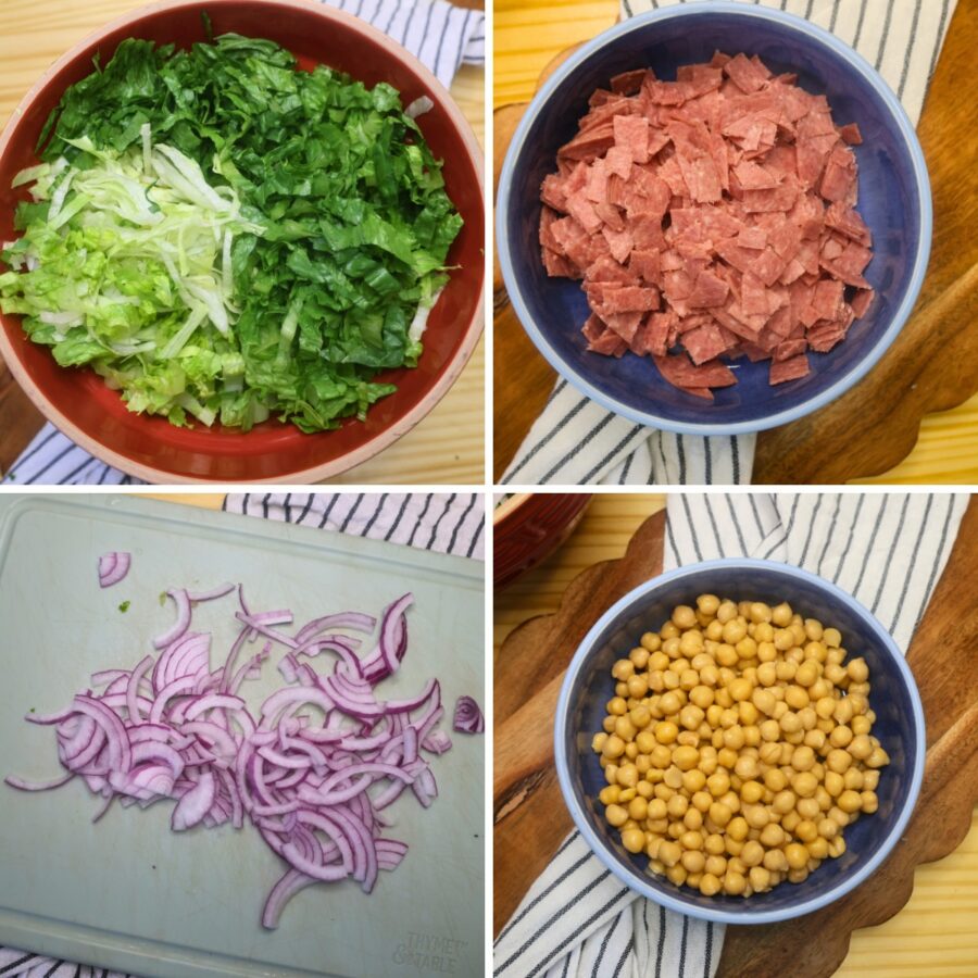 Four part grid of ingredients for La Scala Salad being prepared