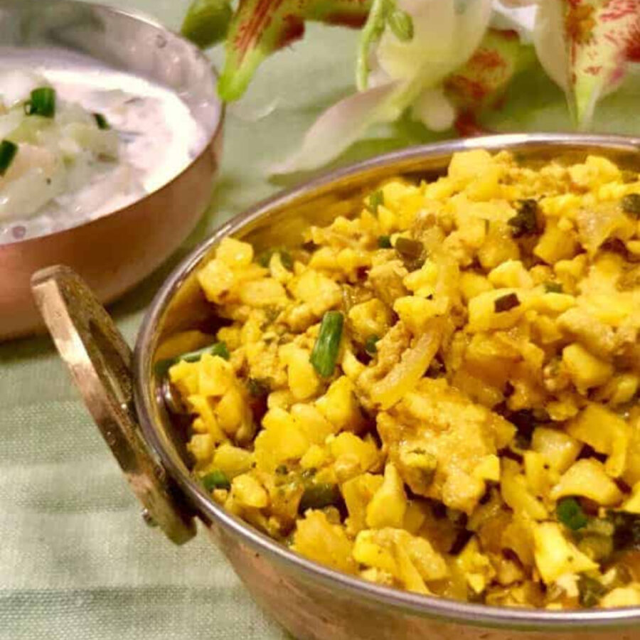 Close up image of low carb biryani in a serving dish