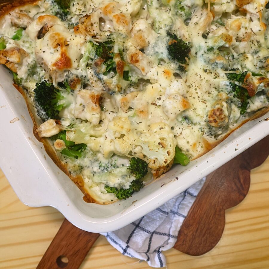 Close up image of keto chicken alfredo in a pan