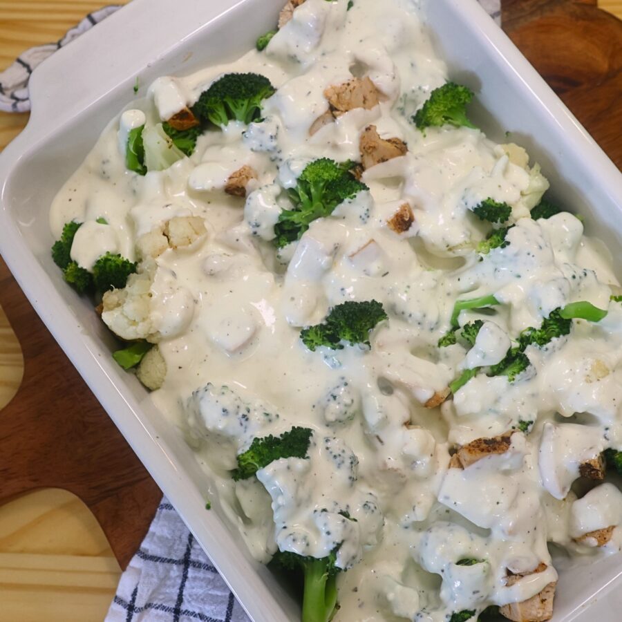 Overhead image of low carb chicken alfredo in a 9x13 baking dish