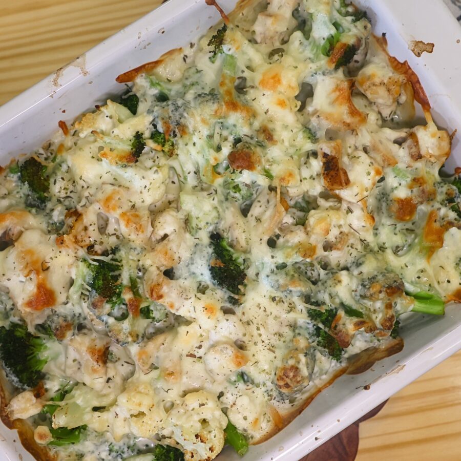 Baked Low Carb Chicken Alfredo in a white baking dish