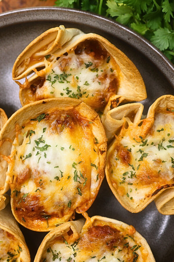 Close up image of Low Carb Lasagna cups on a plate with greenery in the background