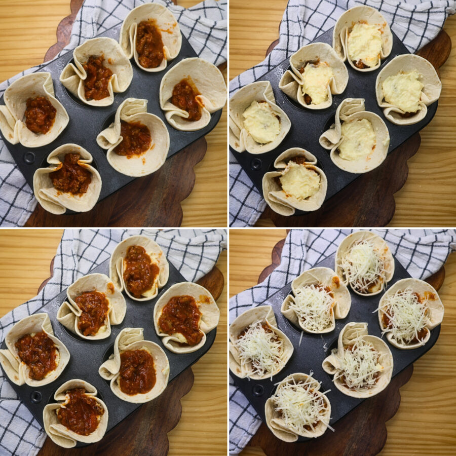 Four part grid showing low carb lasagna cups being assembled