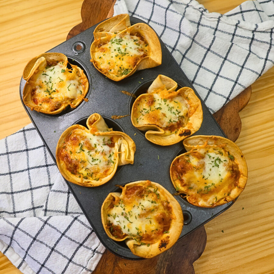 Baked low carb lasagna cups in a 6 cup muffin tin