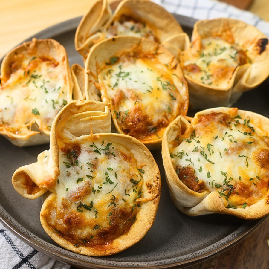 Close up image of low carb lasagna cups on a cup