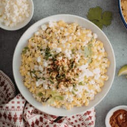 Overhead image of Mexican Street Corn Salad in a white bowl