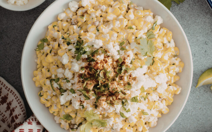 Overhead image of Mexican Street Corn Salad in a white bowl