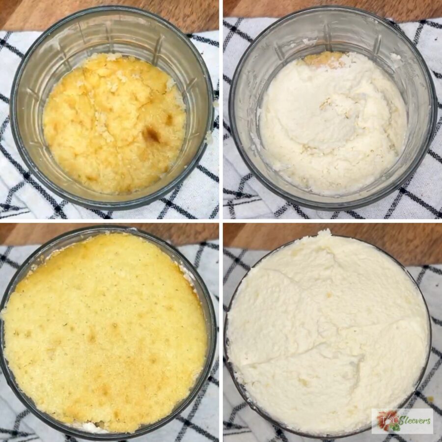 Four part grid of a dot cake being assembled