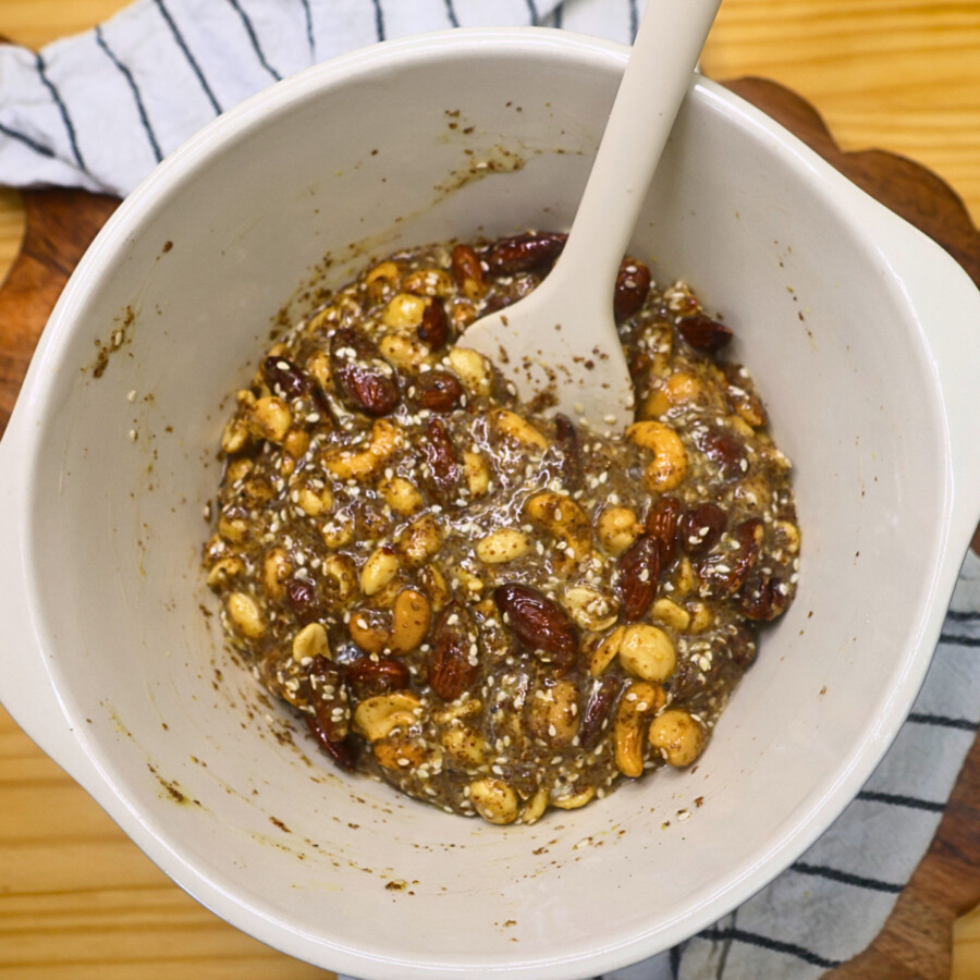 Batter for flourless bread combined in a mixing bowl