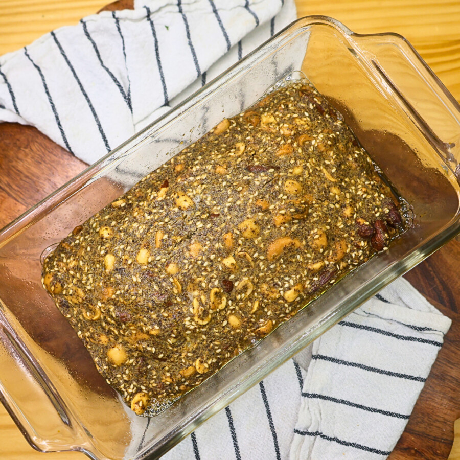 Baked nordic bread in a glass baking dish