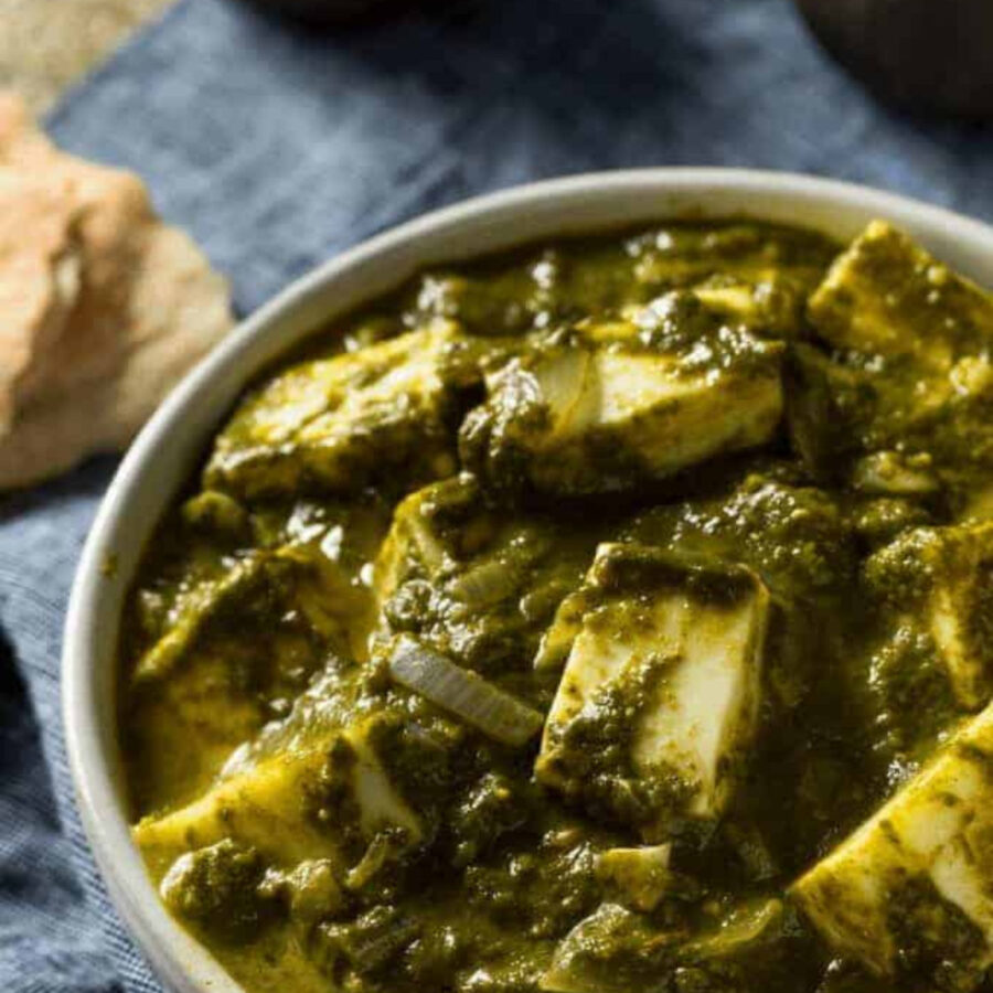 Close up image of Palak Paneer in a bowl