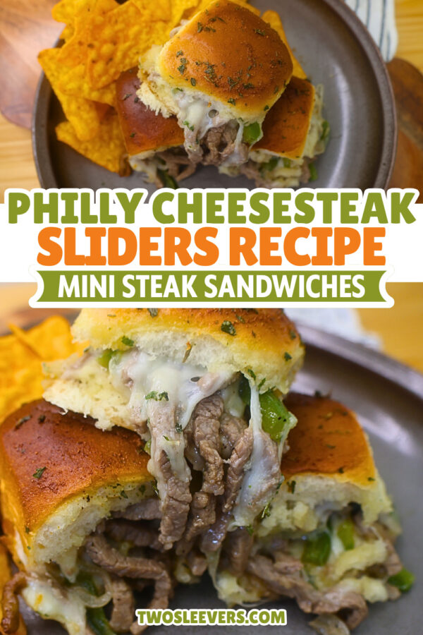 Philly Cheesesteak Sliders Pin with text overlay