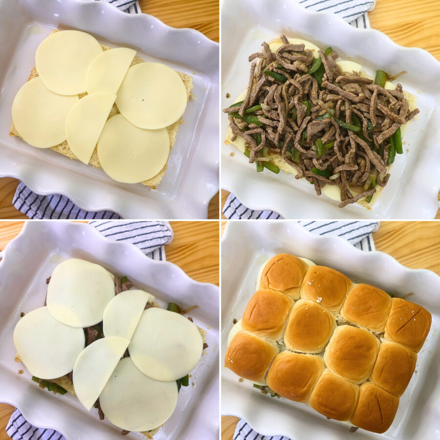 Four part grid of Philly cheesesteak sliders being assembled