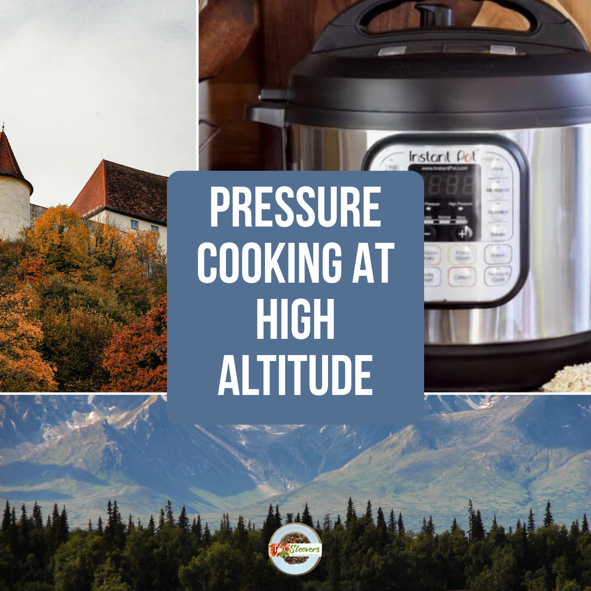 Three part grid with images of an Instant Pot, mountain range, and homes at high altitude