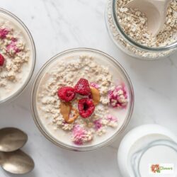 Breakfast Protein overnight oats with peanut butter and raspberries