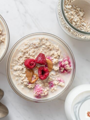 Protein overnight oats with peanut butter and raspberries
