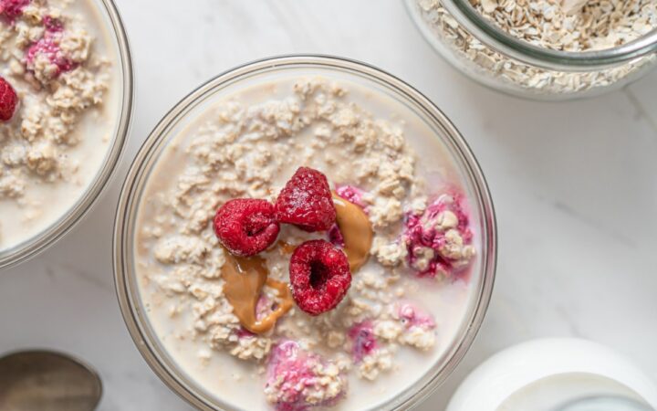 Protein overnight oats with peanut butter and raspberries