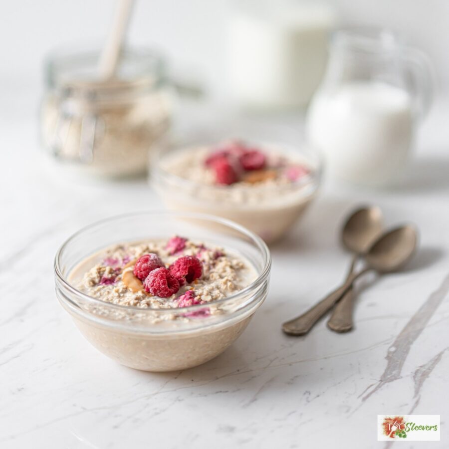 two glass bowls with protein overnight oats topped with peanut butter and raspberries