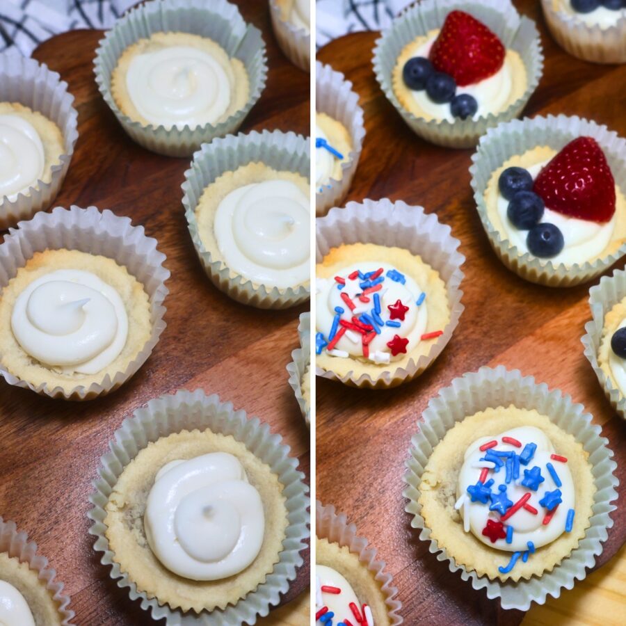 Two part grid of red white and blue sugar cookie cups being filled and decorated