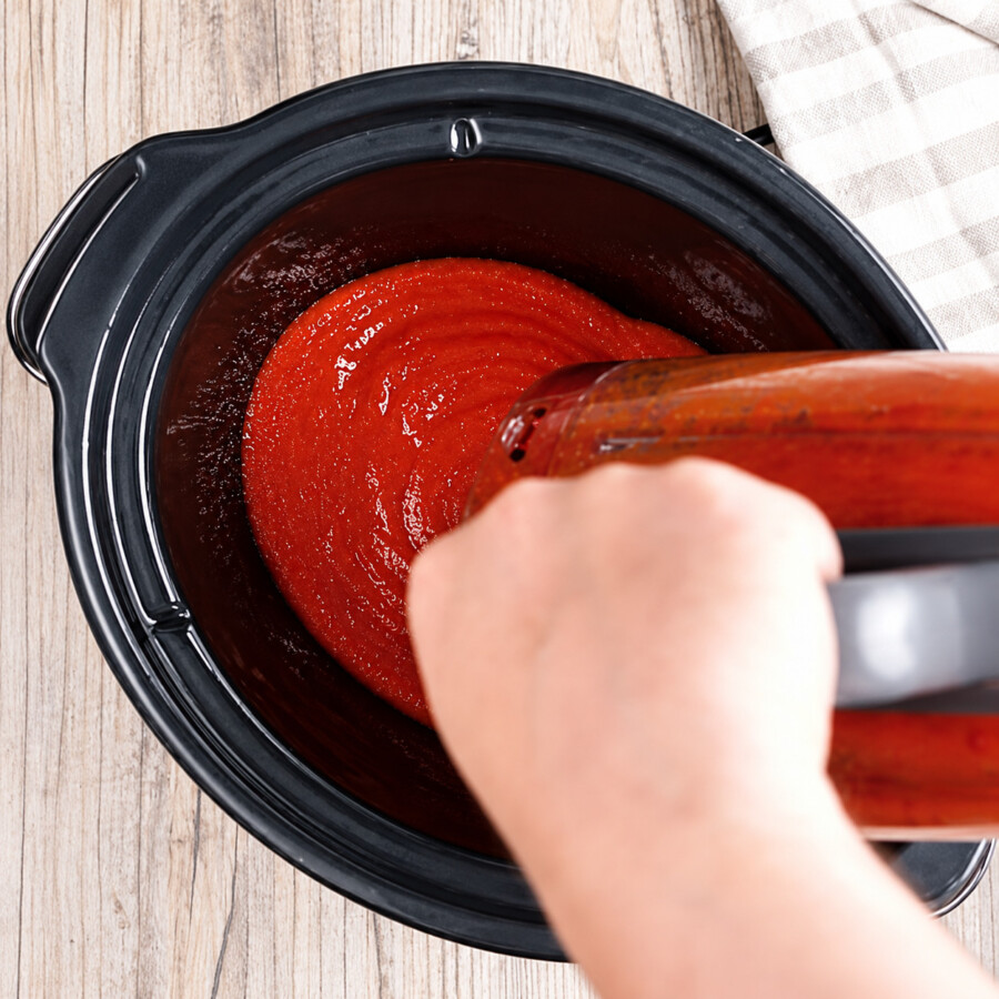 Blended butter chicken sauce being poured in a slow cooker