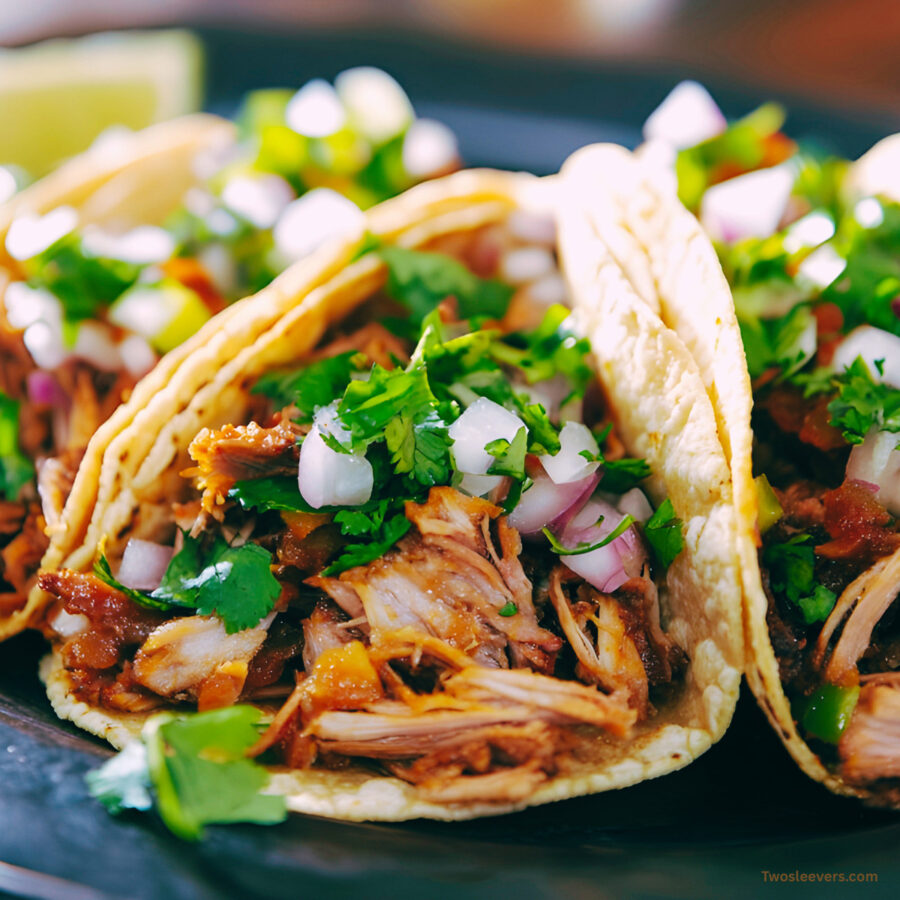 Three shredded beef tacos on a plate with veggie garnish