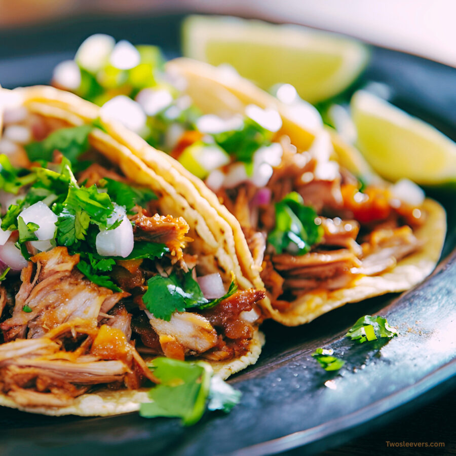 Close up image of easy shredded beef tacos on a plate with cilantro and onion
