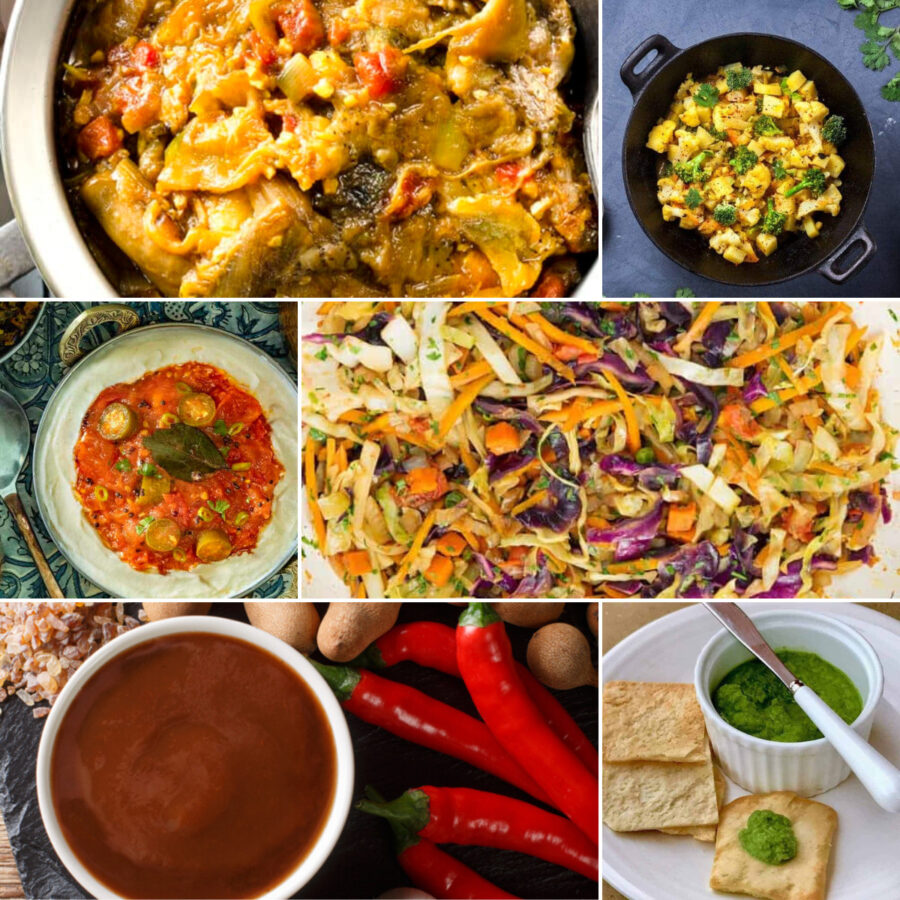 6 part image grid of sides to serve with biryani