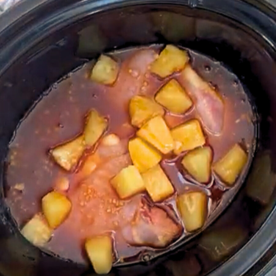 All of the ingredients needed to make slow cooker Hawaiian chicken in a crock pot